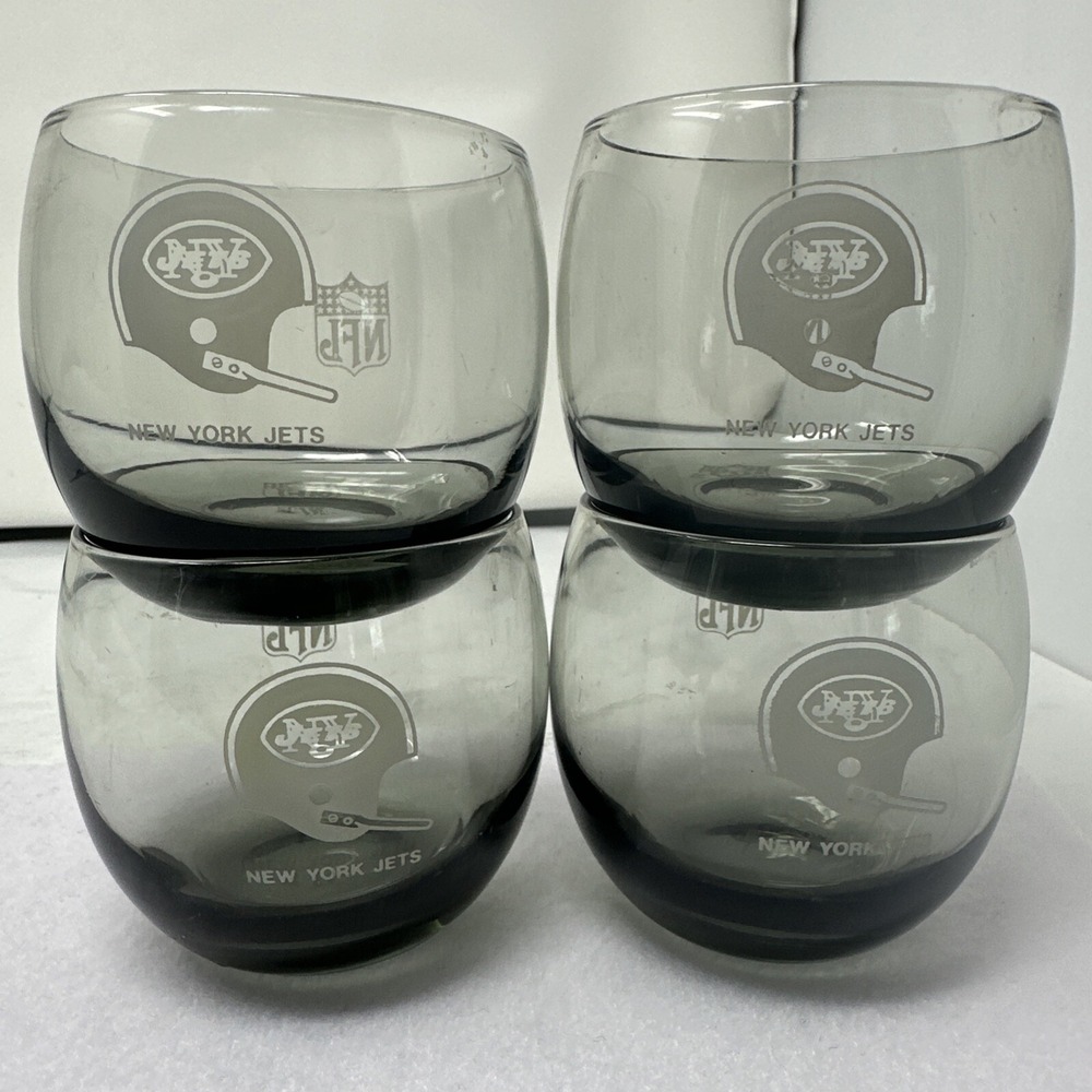 Set Of 4 1970's Vintage NFL New York Jets Smoked Lowball Rocks 11 oz. Glasses